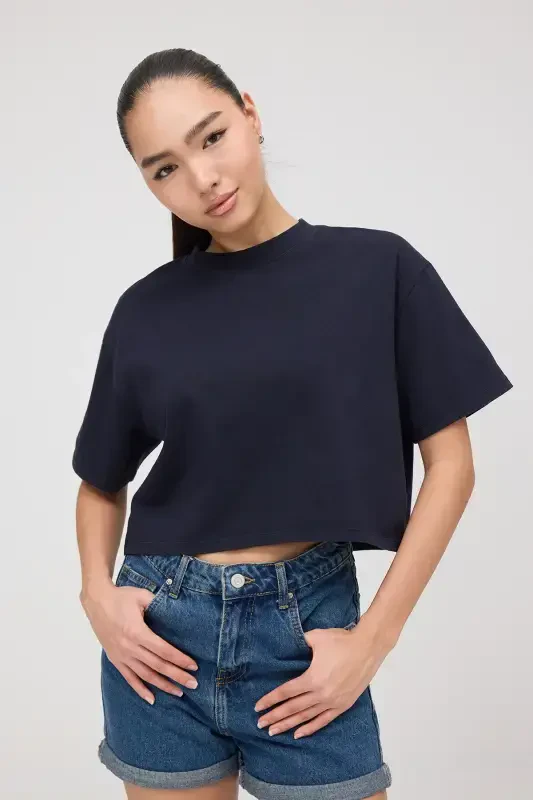 Crew Neck Basic Crop T-Shirt P10377-Navy - 5