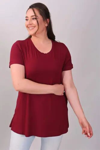 Crew Neck Basic Maroon Blouse - Büyükbedeniz (1)