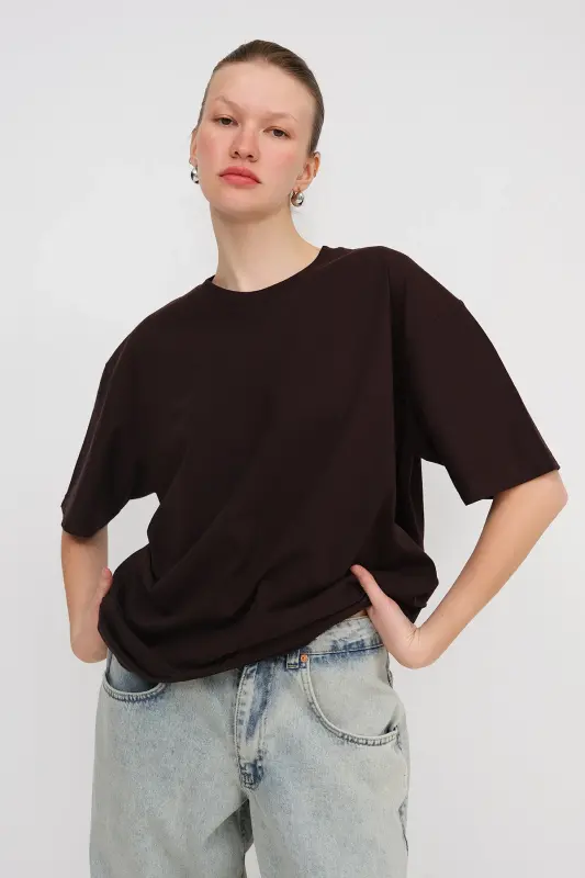 Crew Neck Basic T-shirt P10111-D7-Dark Coffee - ADDAX
