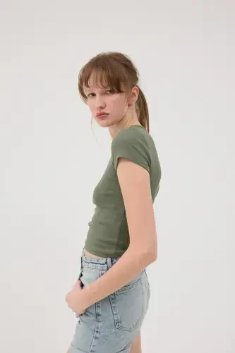 Crew Neck Basic T-Shirt P13343-U6-OIL GREEN - 1