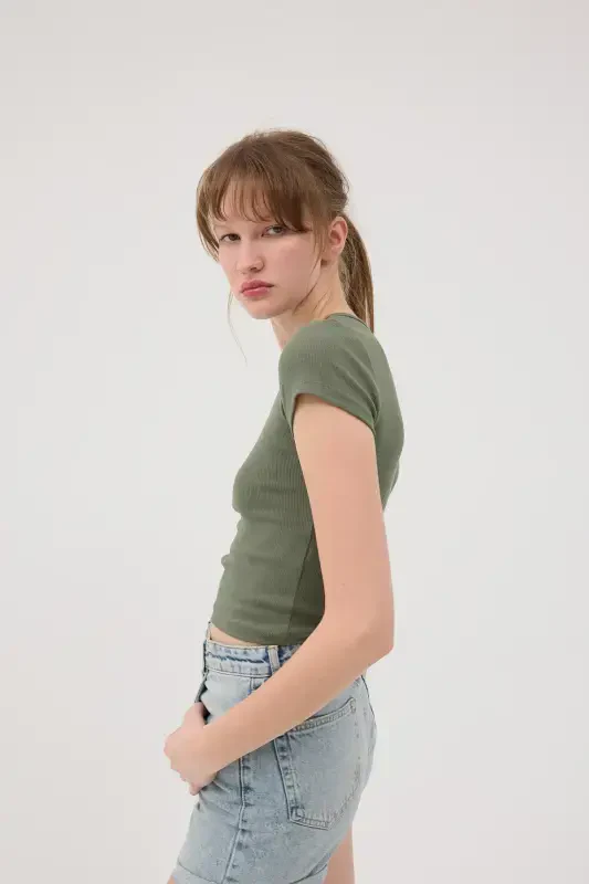 Crew Neck Basic T-Shirt P13343-U6-OIL GREEN - 1