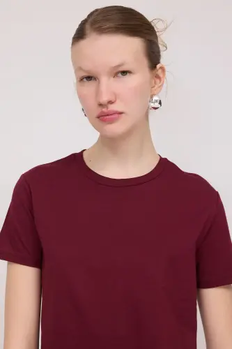 Crew Neck Basic T-shirt P4322-Burgundy - 3