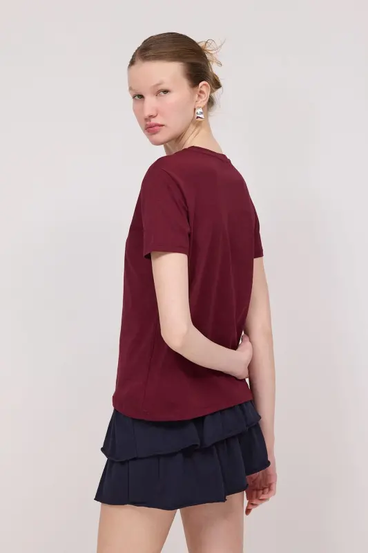 Crew Neck Basic T-shirt P4322-Burgundy - 5