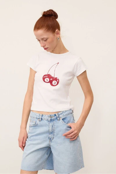 Crew Neck Cherry Print Short Sleeve T-shirt P1575-r12 - 2