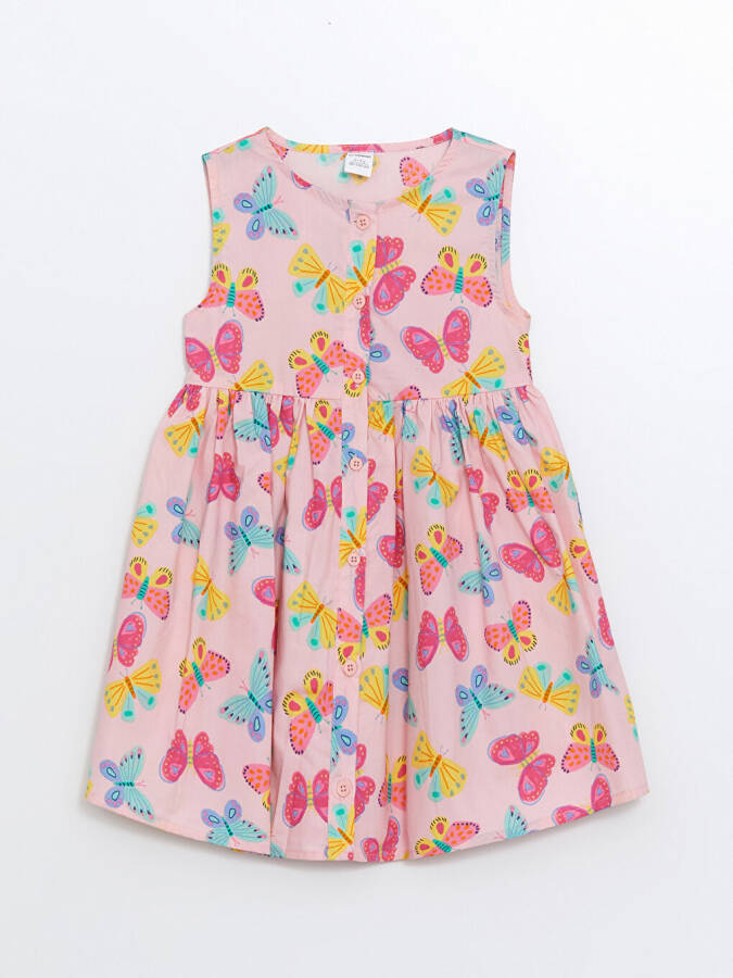 Crew Neck Floral Poplin Baby Girl Dress-Pink - 1