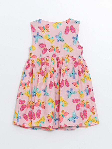 Crew Neck Floral Poplin Baby Girl Dress-Pink - 3