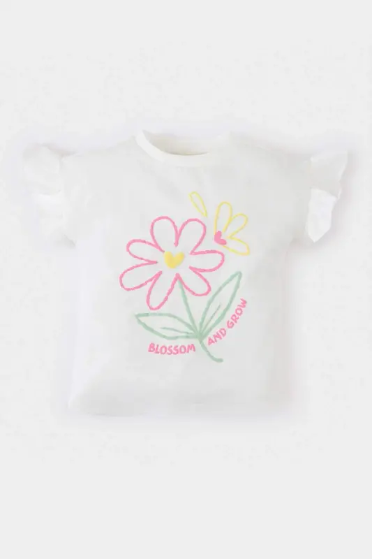 Crew Neck Floral Short Sleeved Baby Girl T-Shirt E7805A525SM - Ecru-ER1052 - 1