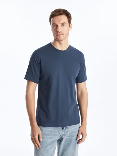 Crew Neck Knitted Men's T-Shirt-Indigo - 1