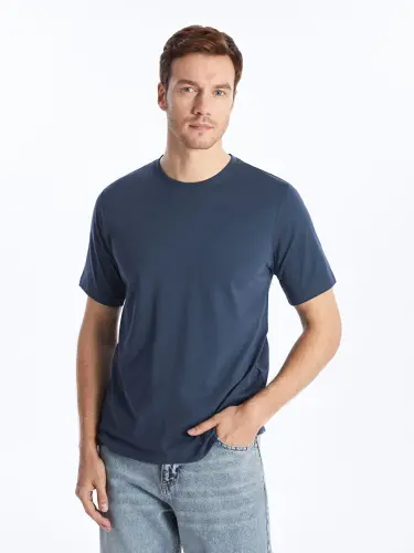Crew Neck Knitted Men's T-Shirt-Indigo - 2