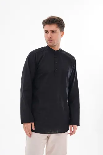 CREW NECK LINEN SHIRT HALF BUTTONED Hajj and UMRA-BLACK - BESEDU (1)