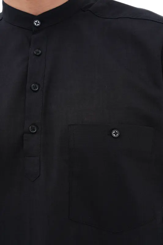 CREW NECK LINEN SHIRT HALF BUTTONED Hajj and UMRA-BLACK - 3