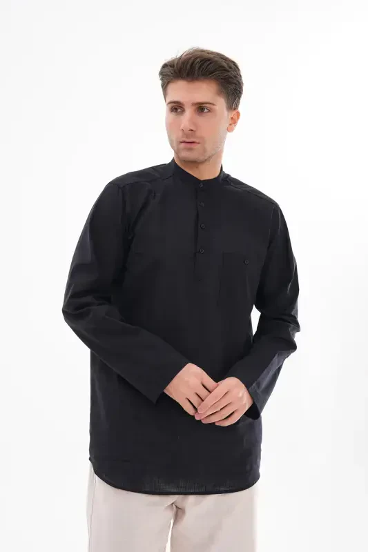CREW NECK LINEN SHIRT HALF BUTTONED Hajj and UMRA-BLACK - BESEDU