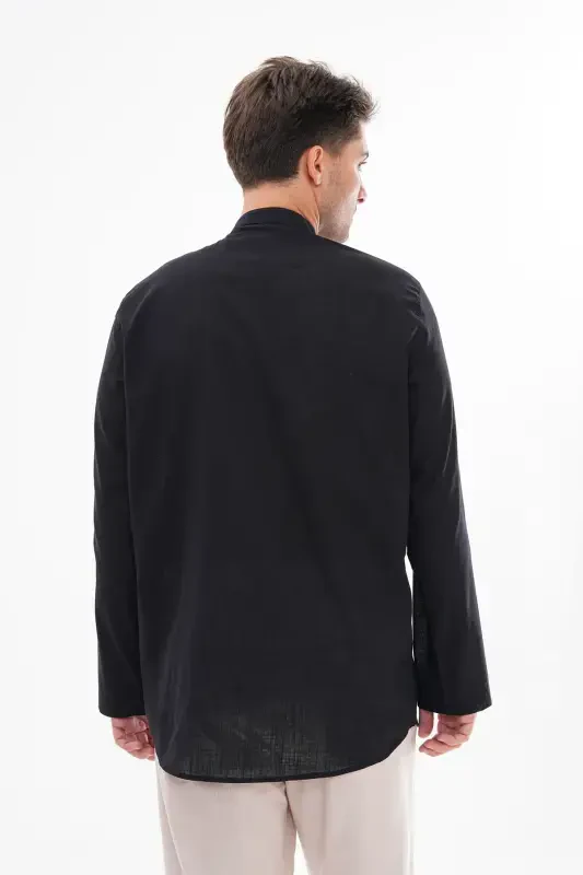 CREW NECK LINEN SHIRT HALF BUTTONED Hajj and UMRA-BLACK - 4