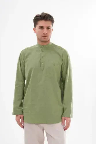 CREW NECK LINEN SHIRT HALF BUTTONED Hajj and UMRAH-GREEN - 1