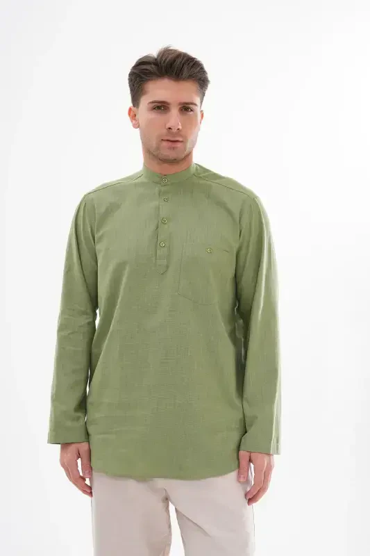 CREW NECK LINEN SHIRT HALF BUTTONED Hajj and UMRAH-GREEN - 1