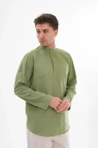 CREW NECK LINEN SHIRT HALF BUTTONED Hajj and UMRAH-GREEN - BESEDU (1)