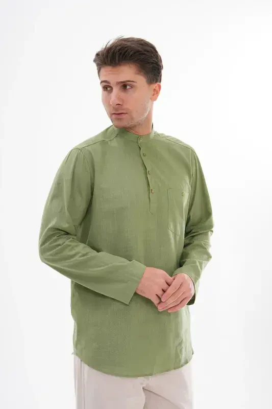 CREW NECK LINEN SHIRT HALF BUTTONED Hajj and UMRAH-GREEN - 2