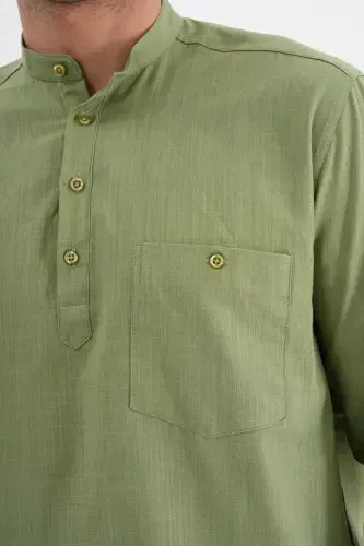 CREW NECK LINEN SHIRT HALF BUTTONED Hajj and UMRAH-GREEN - 3