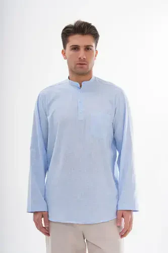 CREW NECK LINEN SHIRT HALF BUTTONED Hajj and UMRAH-LIGHT BLUE - 1