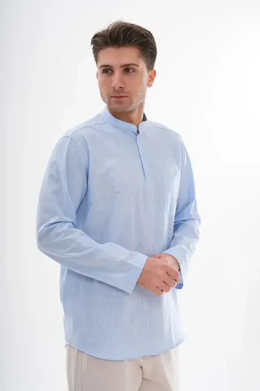 CREW NECK LINEN SHIRT HALF BUTTONED Hajj and UMRAH-LIGHT BLUE - 2