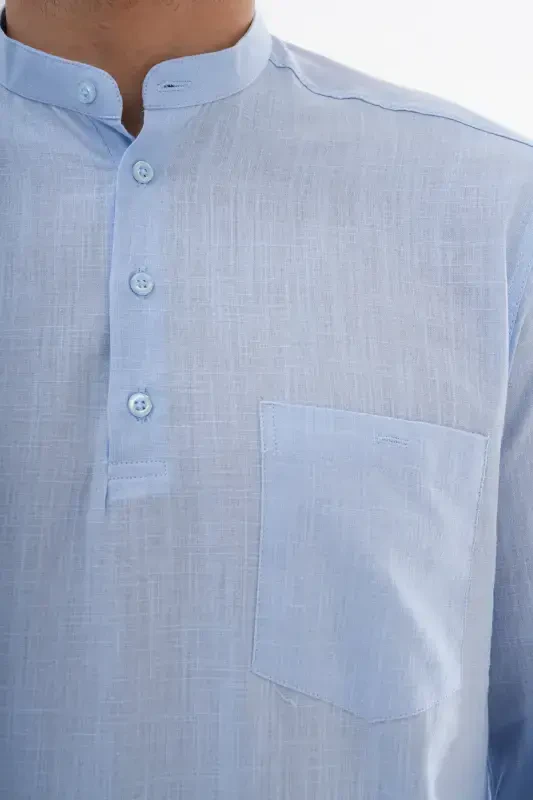 CREW NECK LINEN SHIRT HALF BUTTONED Hajj and UMRAH-LIGHT BLUE - 3