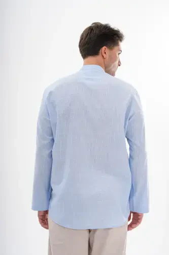 CREW NECK LINEN SHIRT HALF BUTTONED Hajj and UMRAH-LIGHT BLUE - 4