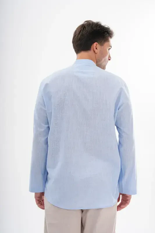 CREW NECK LINEN SHIRT HALF BUTTONED Hajj and UMRAH-LIGHT BLUE - 4