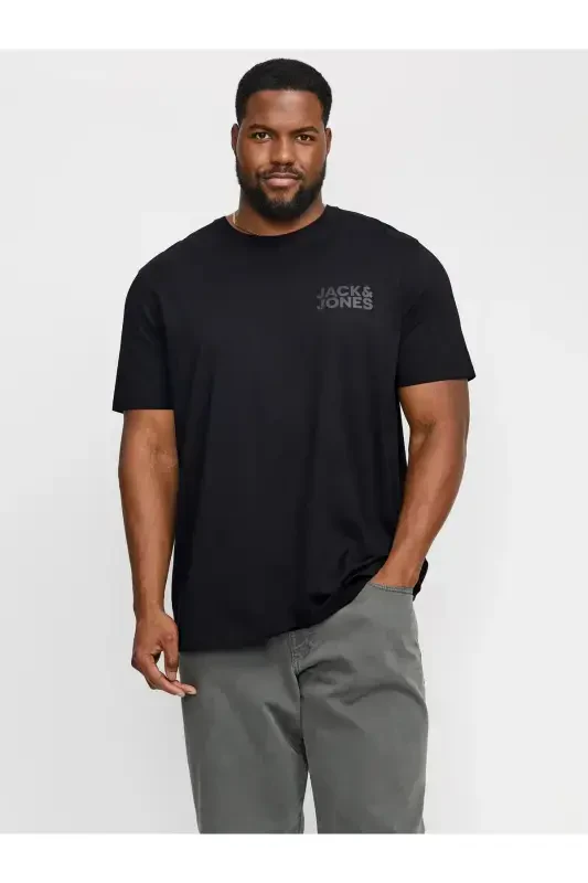 Crew Neck Logo Printed Big Plus Size T-Shirt-Black - 1