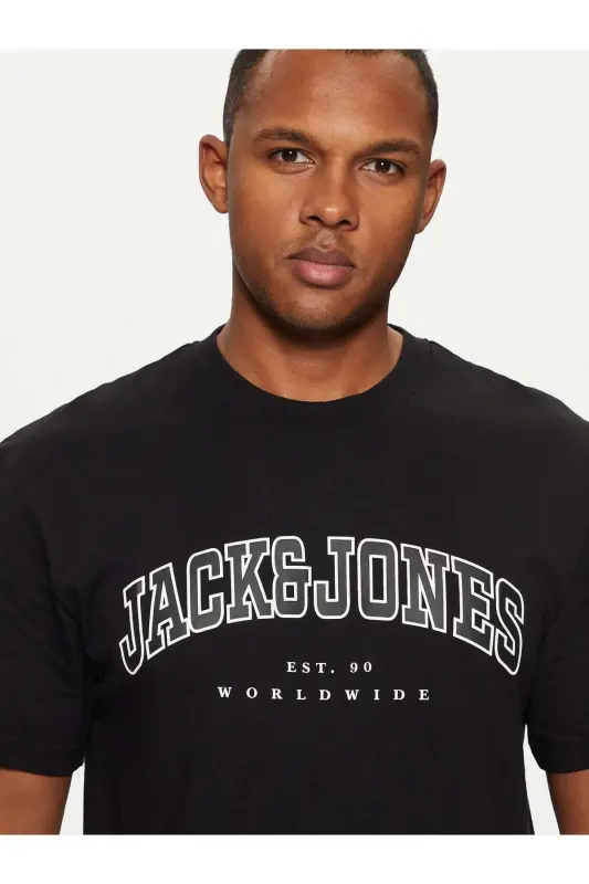 Crew Neck Logo Printed T-Shirt Black-Black - 4