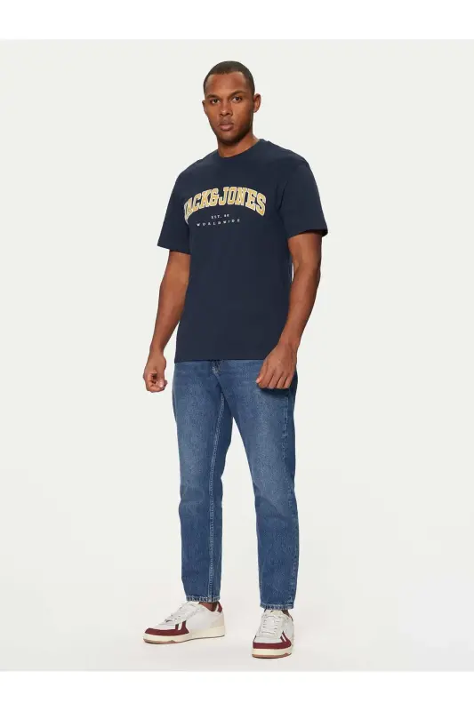 Crew Neck Logo Printed T-Shirt Navy Blue-Navy - 5