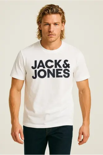 Crew Neck Logo Printed White T-Shirt-White Navy - 3