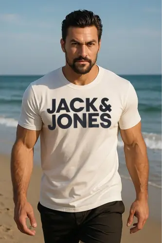 Crew Neck Logo Printed White T-Shirt-White Navy - 6