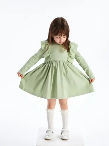 Crew Neck Long Sleeve Basic Baby Girl Dress-Green - 1