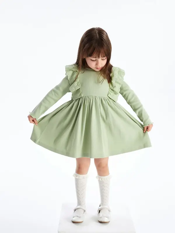 Crew Neck Long Sleeve Basic Baby Girl Dress-Green - 1