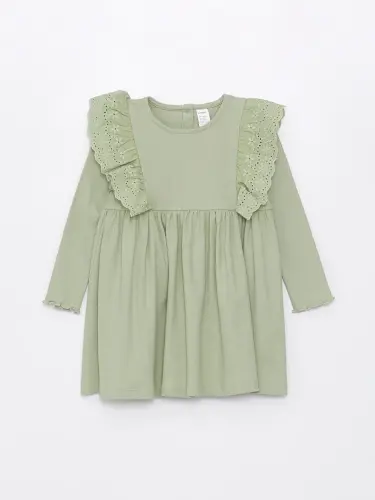 Crew Neck Long Sleeve Basic Baby Girl Dress-Green - 3