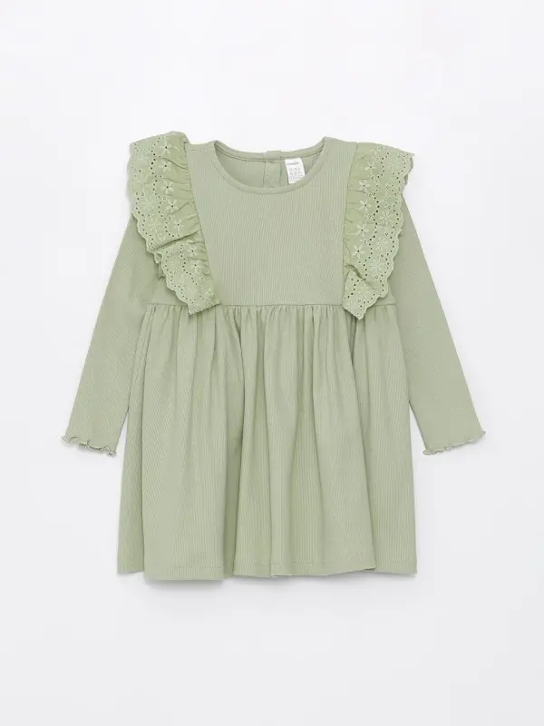 Crew Neck Long Sleeve Basic Baby Girl Dress-Green - 3
