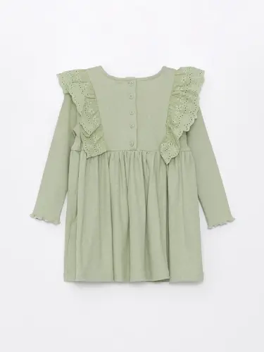 Crew Neck Long Sleeve Basic Baby Girl Dress-Green - 4