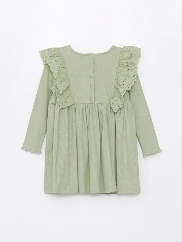Crew Neck Long Sleeve Basic Baby Girl Dress-Green - 4
