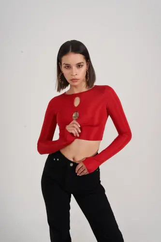 Crew Neck Long Sleeve Chest Detailed Crop Frank Blouse Red - Red - 1