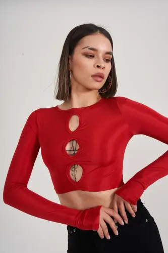 Crew Neck Long Sleeve Chest Detailed Crop Frank Blouse Red - Red - HOLLY LOLLY (1)