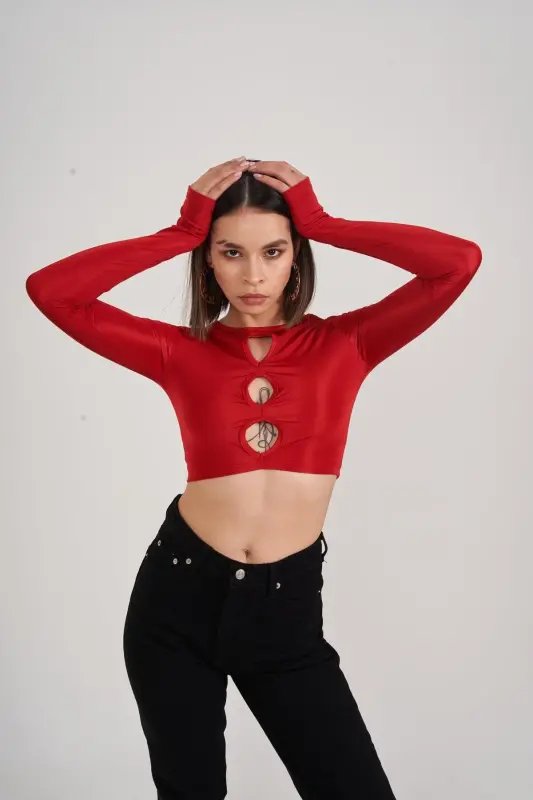 Crew Neck Long Sleeve Chest Detailed Crop Frank Blouse Red - Red - 4