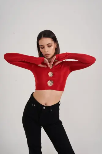 Crew Neck Long Sleeve Chest Detailed Crop Frank Blouse Red - Red - 5