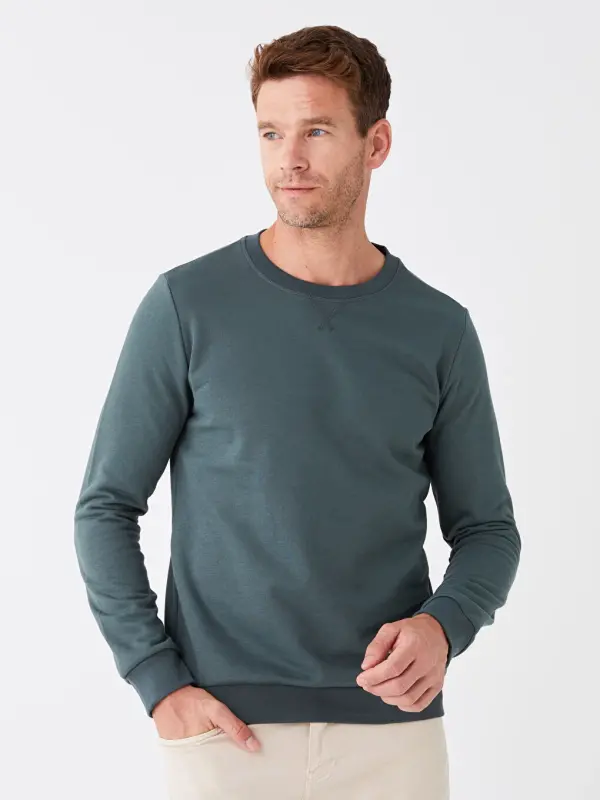 Crew Neck Long Sleeve Men's Thick Sweatshirt-Green - 4