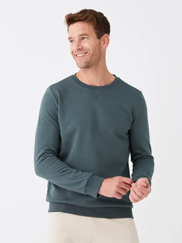 Crew Neck Long Sleeve Men's Thick Sweatshirt-Green - 5