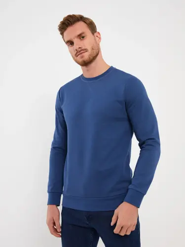 Crew Neck Long Sleeve Men's Thick Sweatshirt-Indigo - 3