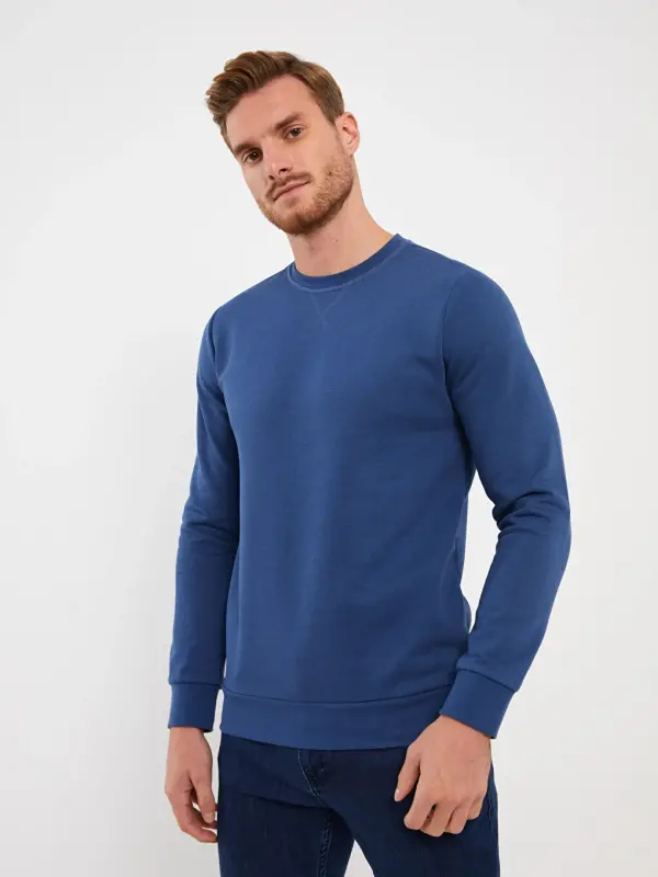 Crew Neck Long Sleeve Men's Thick Sweatshirt-Indigo - 3