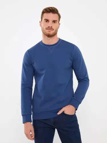 Crew Neck Long Sleeve Men's Thick Sweatshirt-Indigo - 4