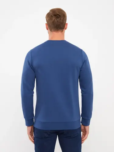 Crew Neck Long Sleeve Men's Thick Sweatshirt-Indigo - 7