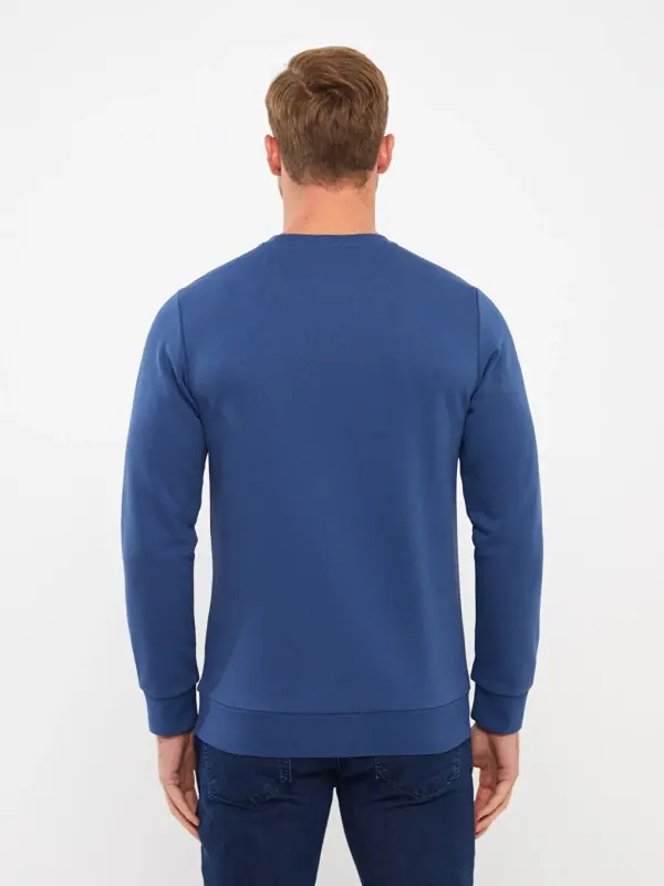 Crew Neck Long Sleeve Men's Thick Sweatshirt-Indigo - 7