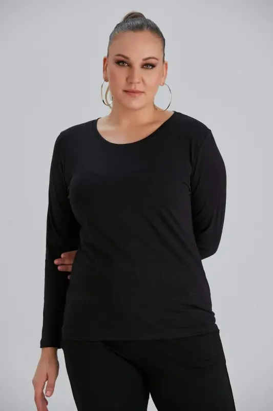 Crew Neck Long Sleeve Plus Size Black T-Shirt - 1